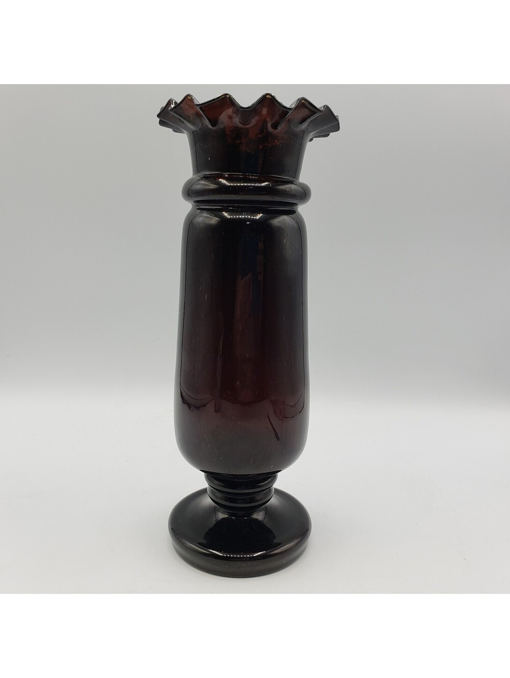 Vintage Amethyst Blown Glass Vase Crimped Ruffled Edge Footed Delicate Antique?
